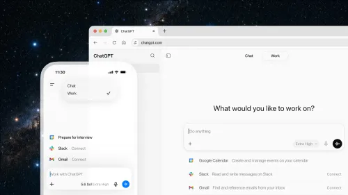 Десктопный ChatGPT с режимами Work и Codex и подключёнными Slack, Gmail и Google Calendar.