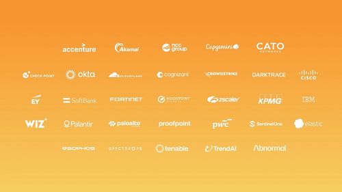 Логотипы партнёров программы OpenAI Daybreak Cyber Partner на оранжевом градиентном фоне.