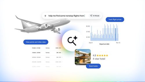 Диалог с AI Mode в Google Search показывает цены на рейсы, тариф в милях и кнопку бронирования отеля в одном чате.