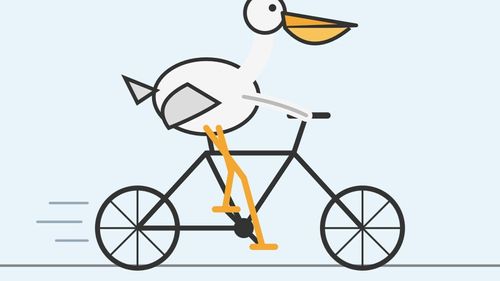 Пеликан в синей шляпе с корзиной рыбы едет на велосипеде — SVG от Claude Fable 5.1 на уровне max reasoning.