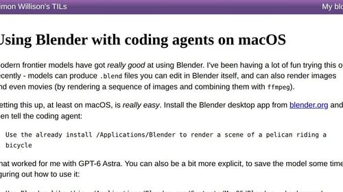 Пеликан в шляпе на бирюзовом велосипеде у моря — 3D-рендер от coding-агента в Blender.