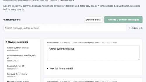 Веб-интерфейс commit-rewriter со списком коммитов и полями для редактирования сообщений перед переписью истории git.