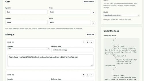 Интерфейс плейграунда с диалогом двух спикеров и полем ввода ключа Gemini слева от панели запроса.