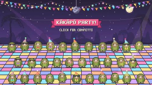 Пиксельные какапо на HTML-canvas с confetti, пока Playwright в headless-браузере снимает короткое видео для слайда.