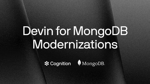 Логотипы Cognition и MongoDB на фоне схемы модернизации: агент Devin и платформа AMP ведут legacy-приложение к Atlas.