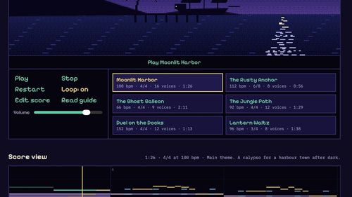Пиксельный браузерный плеер Scrimshaw Jukebox с гаванью ночью и списком из шести приключенческих треков.