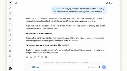 Интерфейс ChatGPT в Study Mode задаёт студенту один вопрос по теме ферментов и ждёт ответа перед следующим шагом.