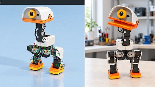 Стая Microduck идёт по неровному рельефу в симуляции Isaac Lab, рядом — тот же робот с загруженной ONNX-политикой на офисном полу.